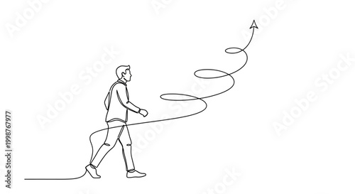 Man walking on upward spiral arrow graph, business growth concept, single line drawing