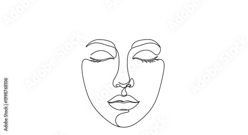 Minimalist Face Line Art Drawing, Closed Eyes, Serene Expression, Simple Outline Portrait