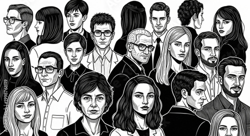 Diverse group of people in black and white illustration style.