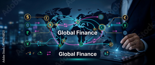 Global finance network connecting continents with currency symbols during night cityscape