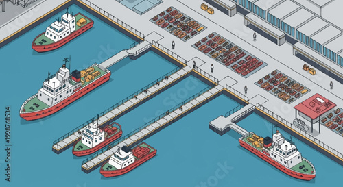 Isometric view of a busy shipping port with cargo ships docked and containers stacked on the pier.