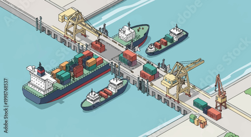 Busy shipping port with cargo ships being loaded and unloaded by cranes.