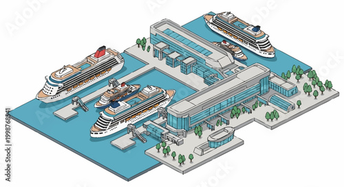 Isometric view of a modern cruise ship terminal with multiple vessels docked at piers, showcasing passenger buildings and surrounding greenery.