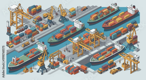 Isometric view of a busy shipping port with cargo ships, cranes, and containers, illustrating global trade and logistics.