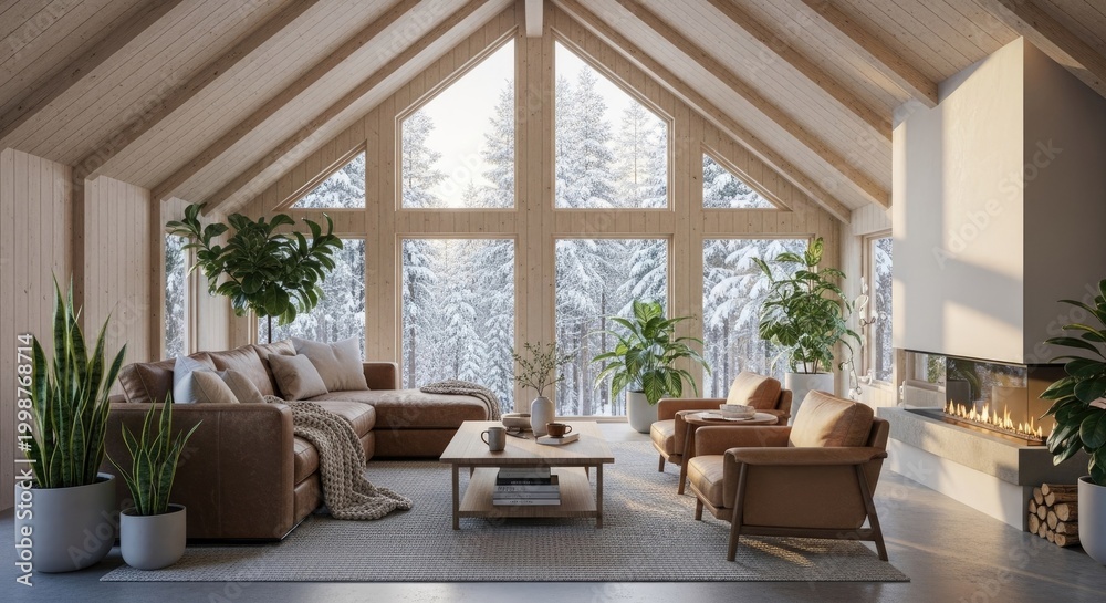 Fototapeta premium Cozy living room interior with large windows overlooking a snowy forest scene