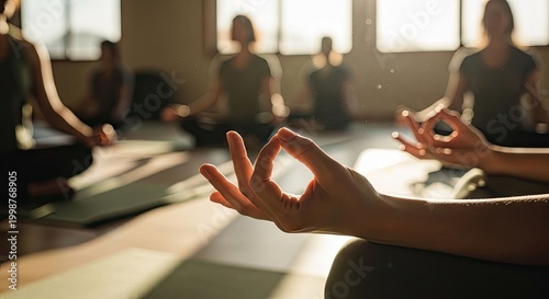 Group meditation session indoors hands in focus concept of wellness and peace