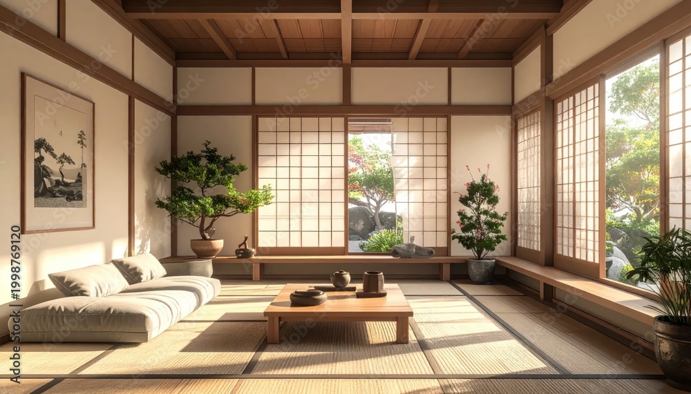 Fototapeta premium Serene Japanese Style Living Room Interior.