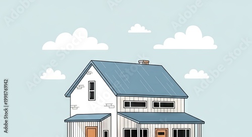 Illustrated house with blue roof and clouds in a serene environment