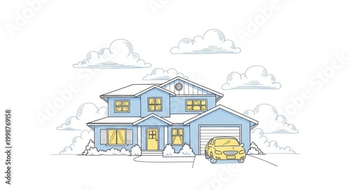 Illustrated house with car and clouds representing home ownership and lifestyle