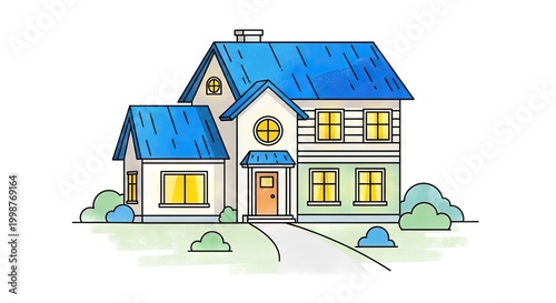 Illustrated house with blue roof and pathway isolated on white background