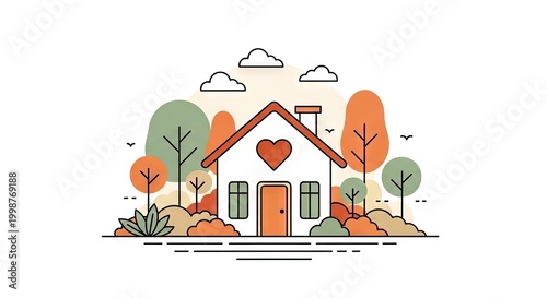 Illustrated house with heart in nature landscape design concept