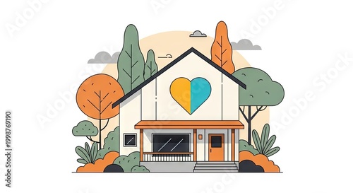 Illustrated house with heart symbol and surrounding trees vector design