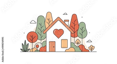 Illustrated house with heart symbol surrounded by trees and nature elements
