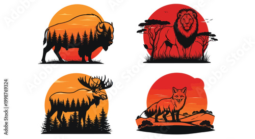 Canvas Print Beautiful wild animal silhouettes against vibrant sunset backgrounds