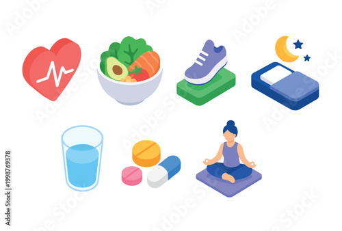Healthy lifestyle icons with food and exercise.