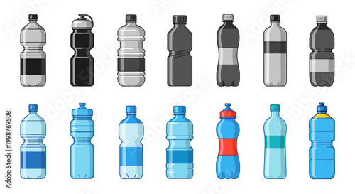 Collection of Diverse Water Bottles, Plastic and Sports Types