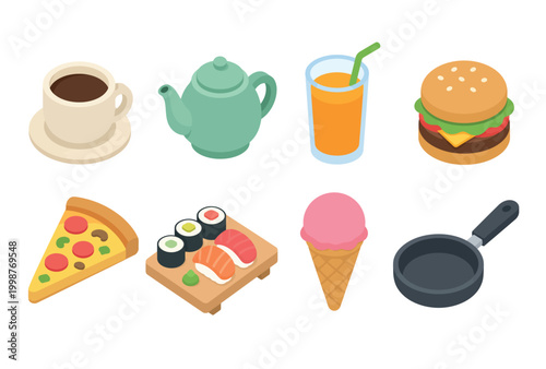 Isometric Icons Collection of Foods and Drinks Including Coffee Burger Pizza Sushi and Ice Cream.