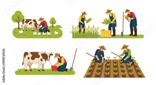 Farmers Working on Farm: Milking Cow, Harvesting Wheat, Planting Seedlings