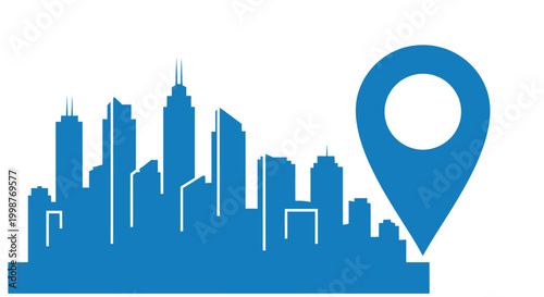 Blue city skyline silhouette with a location pin icon on a white background.
