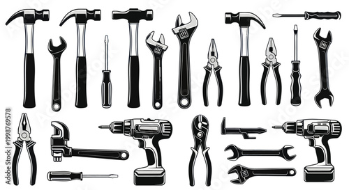 Vector illustration of professional construction hand tools and power drills set