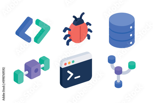 Set of colorful vector icons for programming code bug database and web development.