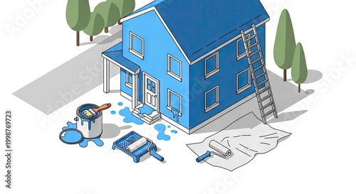 Isometric illustration of a house with painting supplies and a ladder
