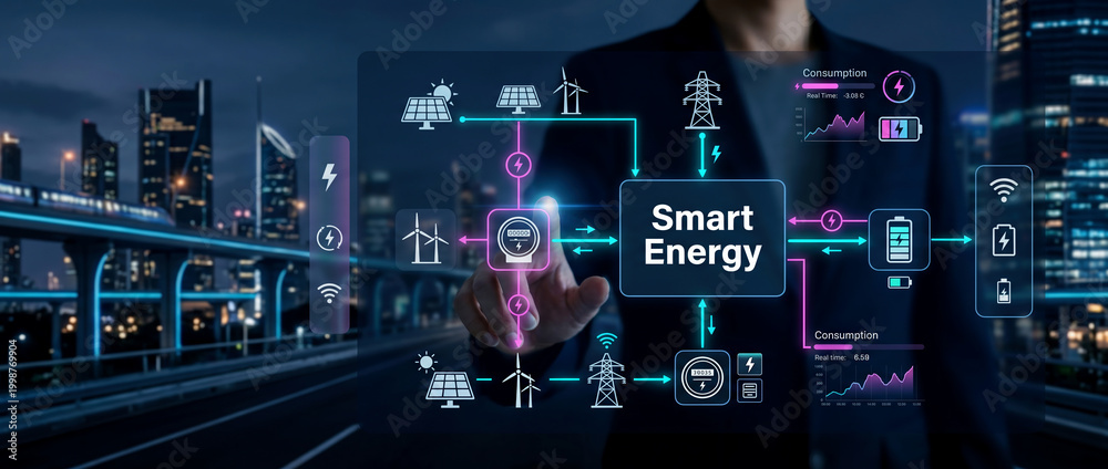 Obraz premium Person interacting with smart energy network diagram at night city background