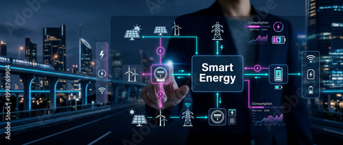 Person interacting with smart energy network diagram at night city background