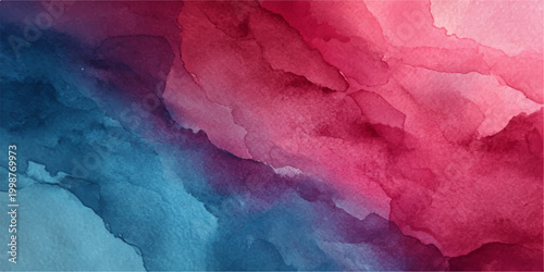 An abstract watercolor painting with fluid strokes of vibrant blue and crimson hues creates a sense of depth and movement, capturing a mesmerizing visual display.