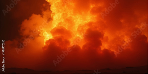 A dramatic abstract of fire and smoke burning in the night against a beautiful dark orange sunset cloudscape and golden storm light