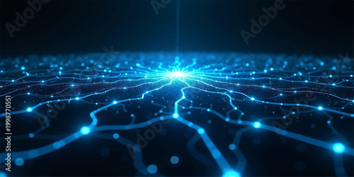 A blue abstract background featuring fiber optics and light spots represents a global digital network concept for business and internet communication across the planet
