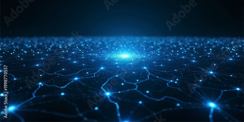 Blue abstract fiber optics background with light spots forming a digital global network connection across a high-tech world map and earth globe illustration