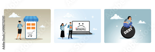 Shop owners promote products online, errors or failures on computer, a woman with debt burden.