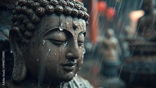 Buddhist Themed Serene Buddha Statue with Rain Drops in a Tranquil Garden Setting