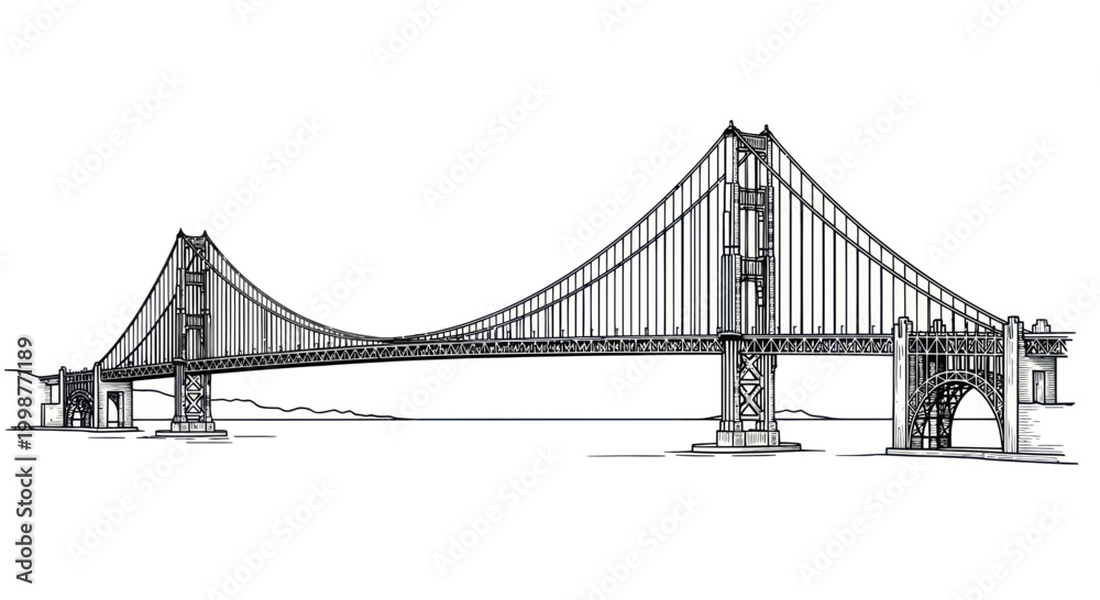 Fototapeta premium Suspension Bridge Drawing: Iconic Landmark, Architectural Engineering, Urban Infrastructure