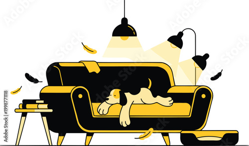 Cozy dog relaxing on a comfortable couch with scattered banana peels and hanging lamps in a stylish living room scene