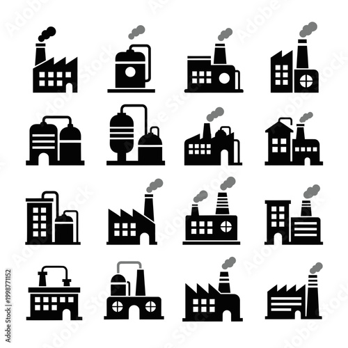 Industrial Factory Icons Set: Manufacturing Plants, Smokestacks, and Industrial Buildings