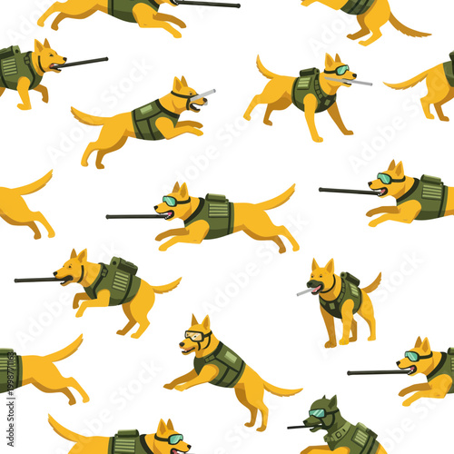 Military Working Dog Pattern: Dog in tactical vest with rifle, playful illustration