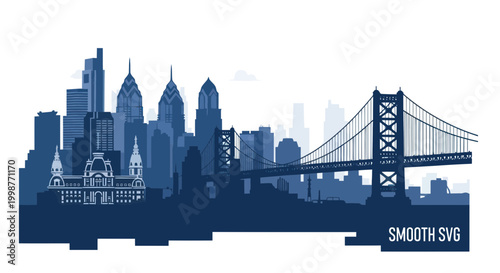 Quadro su tela Philadelphia Skyline Silhouette - Iconic Cityscape with Benjamin Franklin Bridge