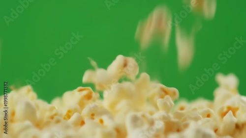 Falling Popcorn on Green Screen Background, Perfect for Cinema or Snack Food