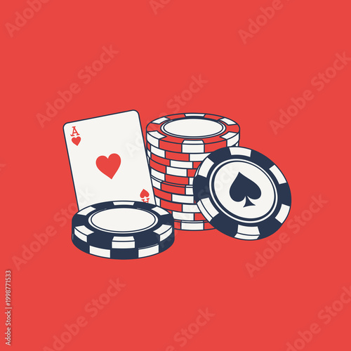 Casino chips and playing card ace of hearts on red background.
