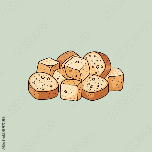 Illustration of a pile of delicious, crunchy, golden brown croutons on a light green background.