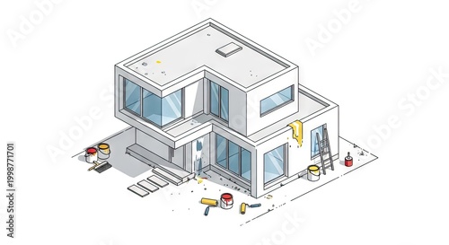 Isometric illustration of modern house under construction with painting tools