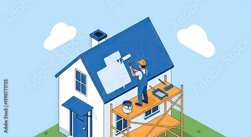 House painter using roller to paint rooftop with blue sky and clouds in background