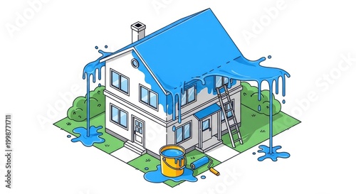 House painting concept blue paint dripping from roof illustrated vector art