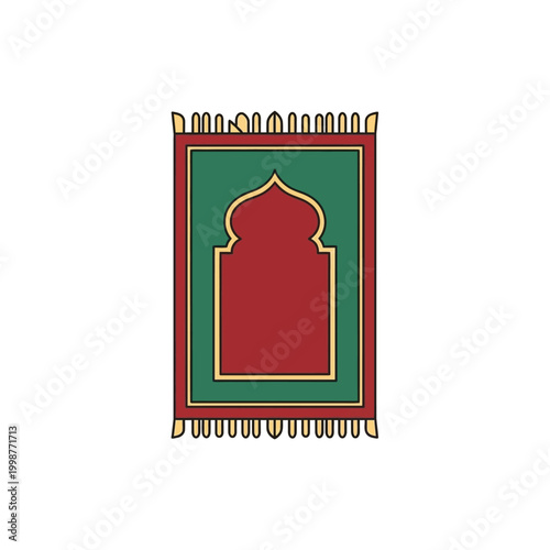 Islamic prayer mat with green and red design and gold accents isolated on white background