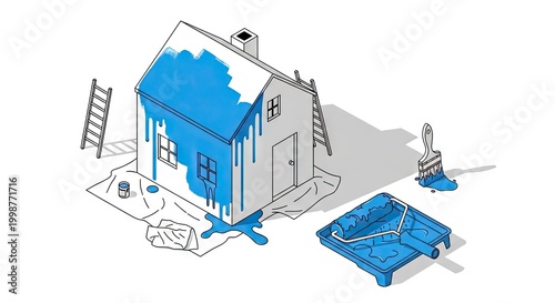 House painting illustration blue paint applied to a simplified building