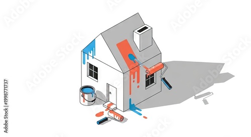 House painting illustration colorful paint application on a small dwelling