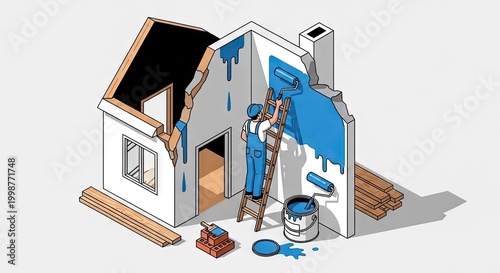House painting illustration man painting exterior wall with roller