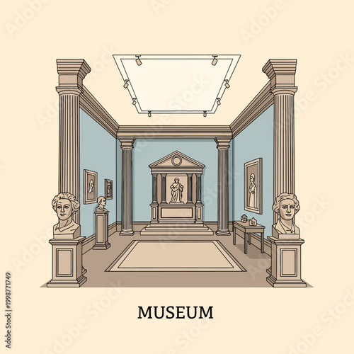 Illustration of a museum interior with classical architecture and sculptures.